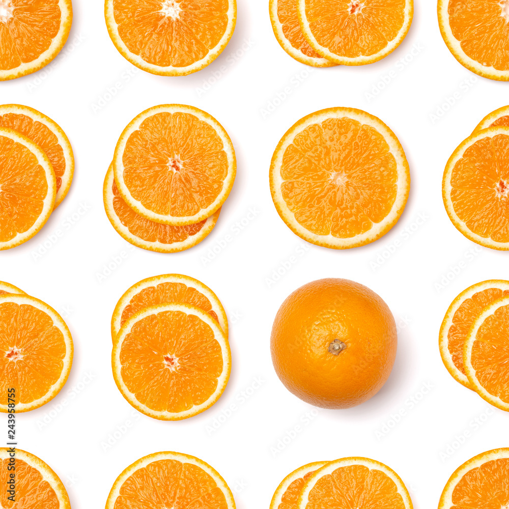Fototapeta premium Seamless pattern of orange fruit slices. Orange slices isolated on white background. Food background. Flat lay, top view.