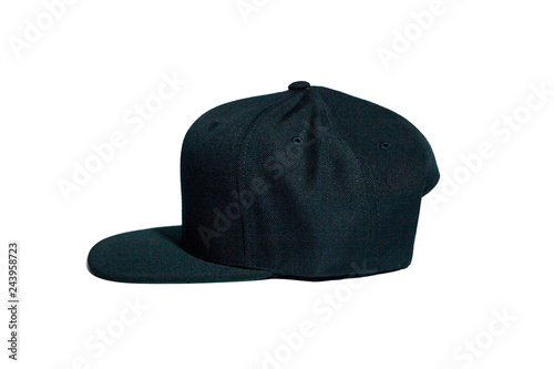 Blank snapback hat cap flat visor with black color on white background isolated, ready for your mock up design or presentation your design project
