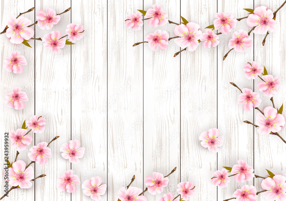 Fototapeta premium Sakura japan cherry branch with a pink flowers on wooden background. Vector