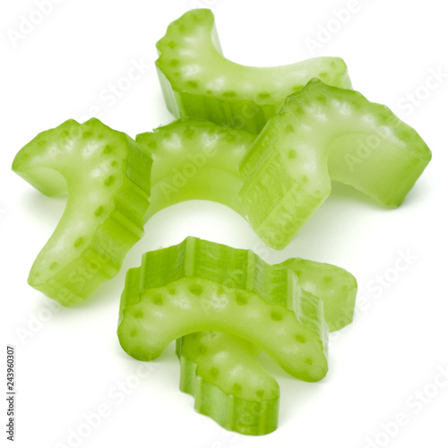 Chopped Celery stalk slices isolated om white background cut out.