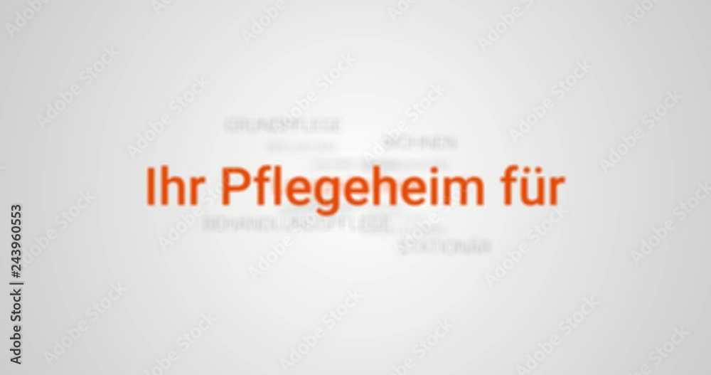 Intro welches die Leistungen eines Pflegeheims zeigt (z.B. Verhinderungspflege, Tagespflege, Langzeitpflege). Grauer Hintergrund, orange Schrift.