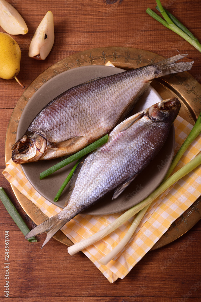 Dried fish on the table.