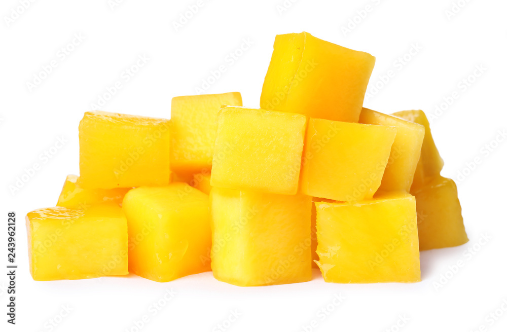 Fresh juicy mango cubes on white background