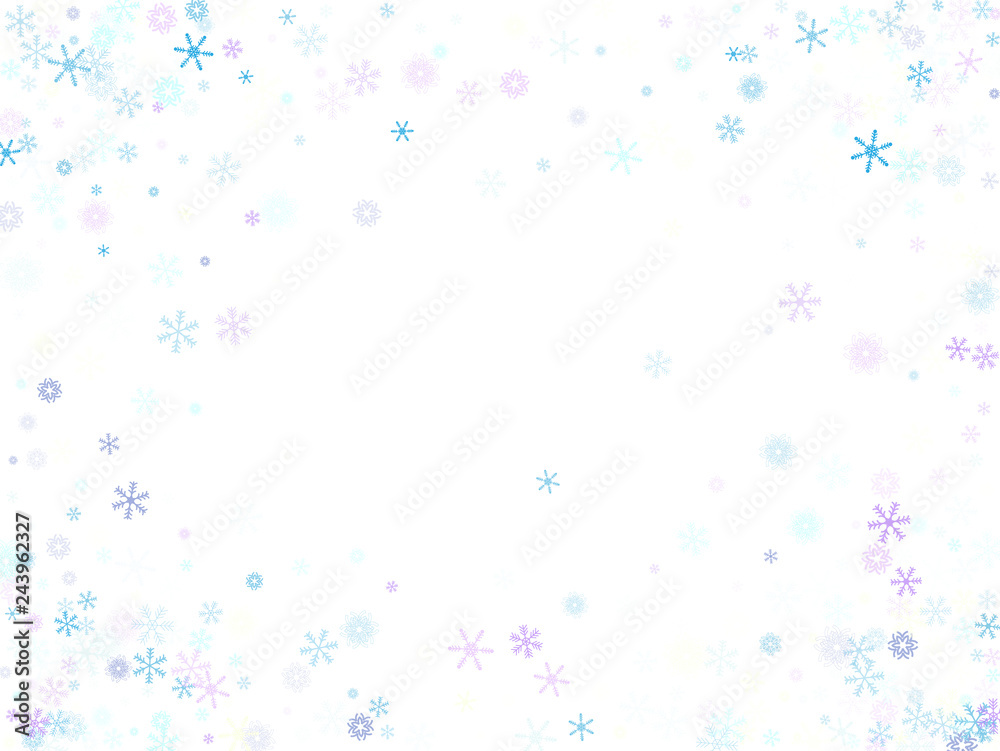 Falling down snow confetti, snowflake vector border. Festive winter, Christmas, New Year sale background. Cold weather, winter storm, scatter texture. Hipster snowfall falling snowflakes cool confetti