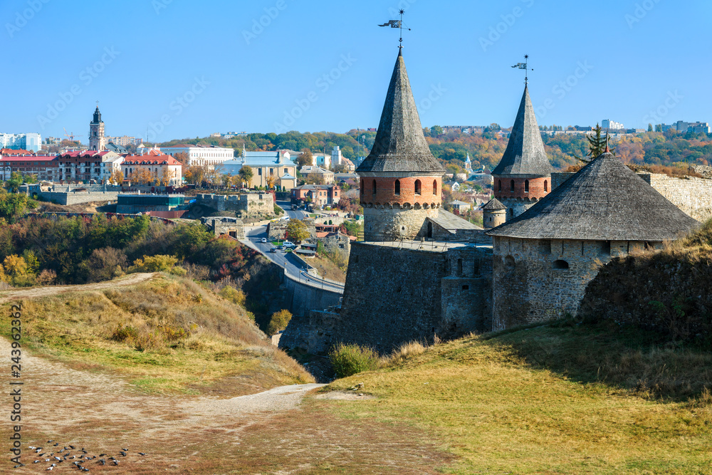 View of Kamianets-Podilsky famous ancient fortress and part of the town in the autumn, Ukraine.