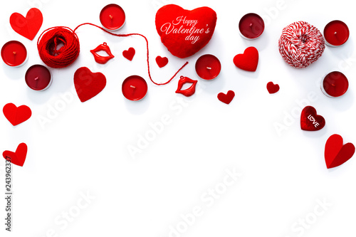 Valentine Day concept, white background with red hearts, love and candles