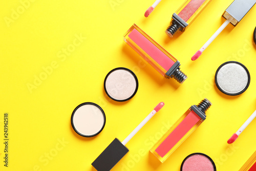 Composition with lipsticks on color background, flat lay