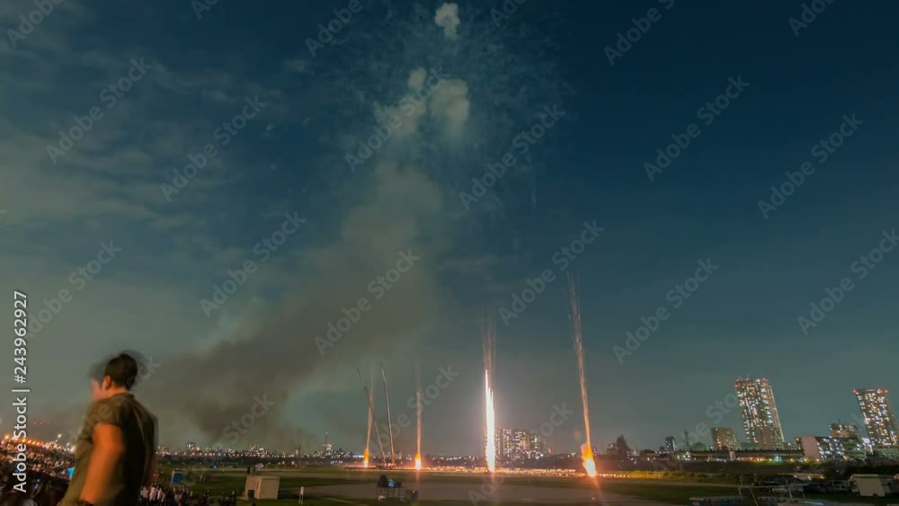 Timelapse of Edogawa Summer Fireworks Festival in Japan Evening Set -Tilt Up- Timelapse of Edogawa Summer Fireworks Festival in Japan Evening Set -Tilt Up-