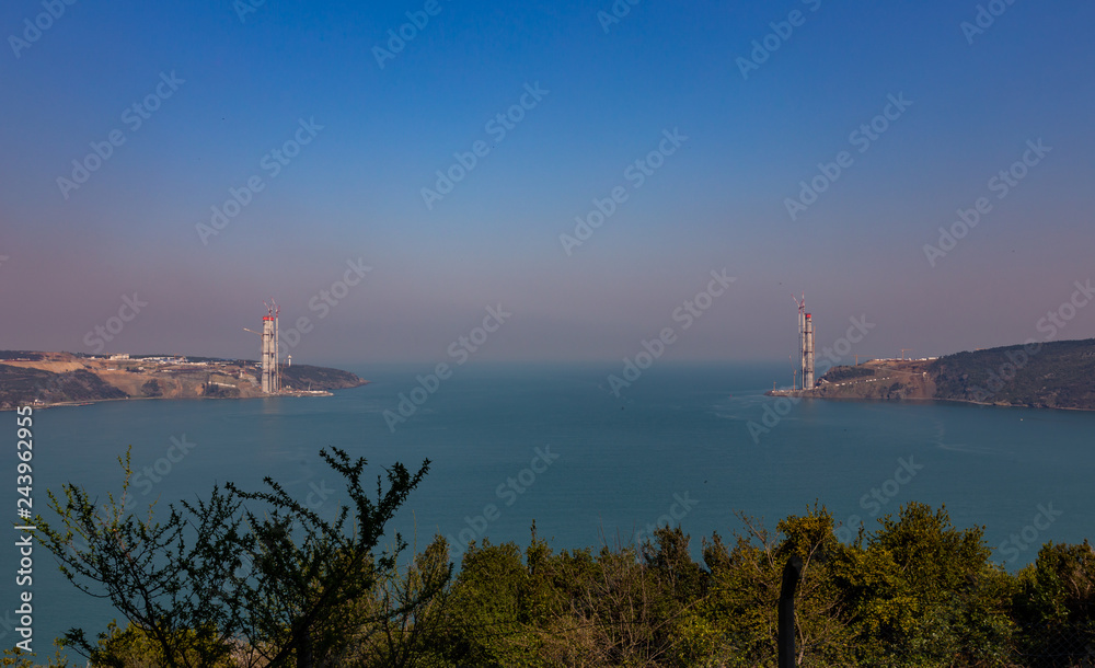 Construction of the Sultan Selim Grozny Bridge in the Bosphorus Strait, March 2014, Turkey