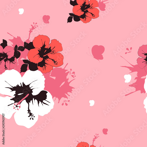 beautiful pink flowers , on a white, pattern © aboard