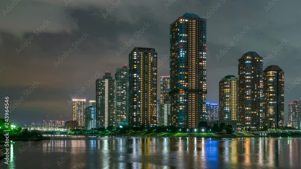 Timelapse of Residential Towers Reflected on River in Tokyo -Pan Right- Timelapse of Residential Towers Reflected on River in Tokyo -Pan Right-