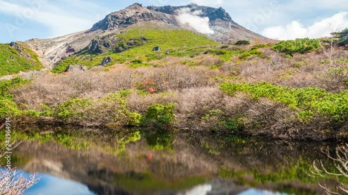 Timelapse of Reflective Pond over Smoking Volcano -Pan Left- photo