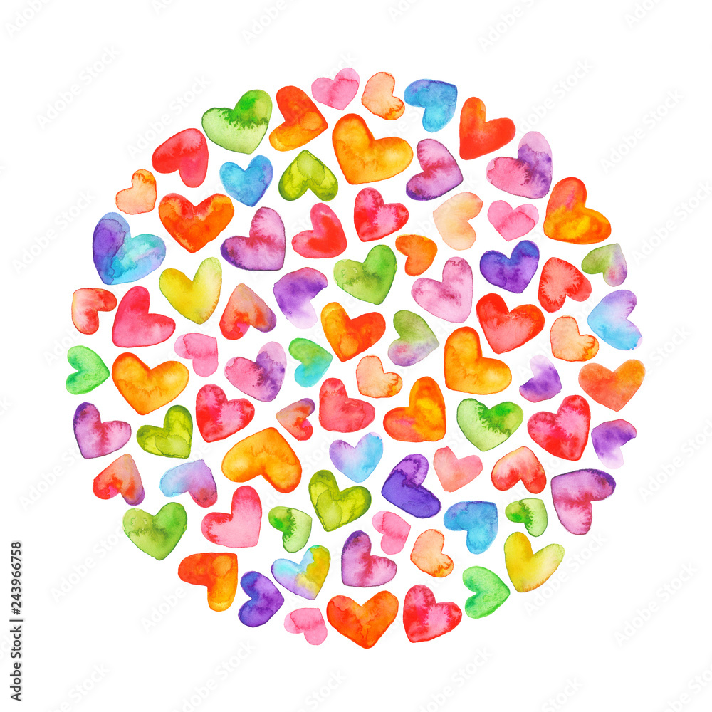 Watercolor Happy Valentines Day Rainbow Hearts Circle. Isolated on white background. Hand drawn hearts.