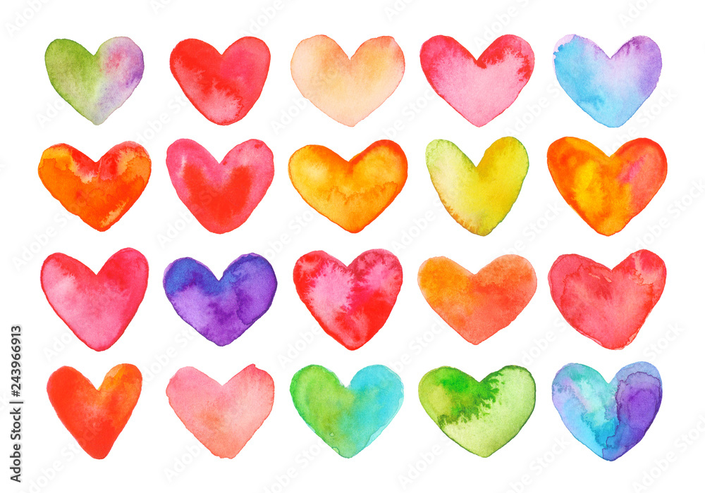 Watercolor set of colorful hearts . Hand painted illustration . Kit 2.