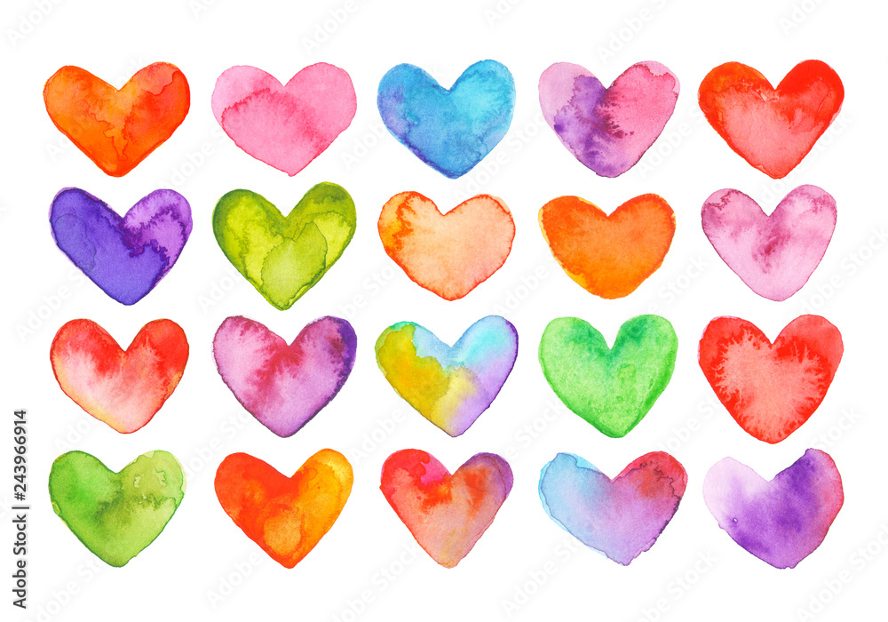 Watercolor set of colorful hearts . Hand painted illustration . Kit 1.