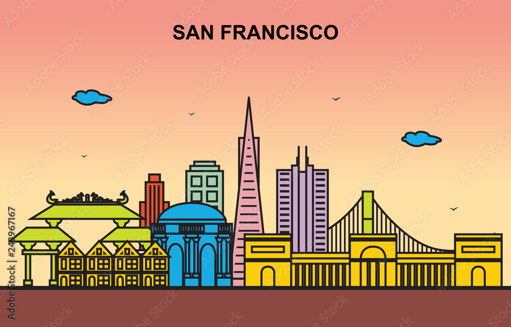 San Francisco City Tour Cityscape Skyline Colorful Illustration