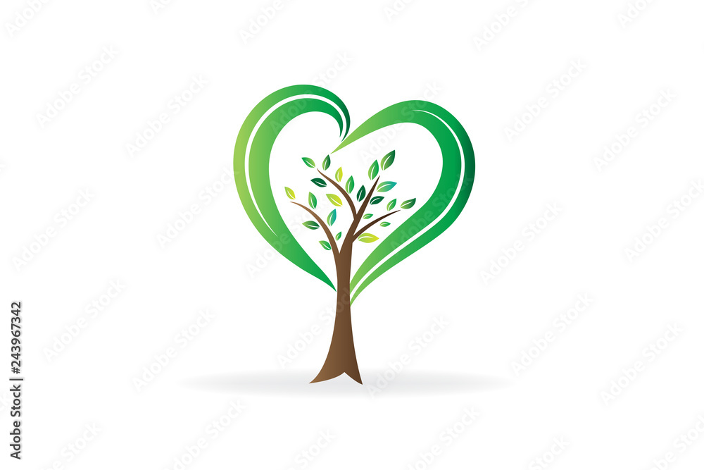 Logo tree love heart shape ecology symbol icon