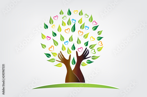 Logo tree hands and hearts symbol icon
