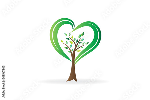 Logo tree love heart shape ecology symbol icon