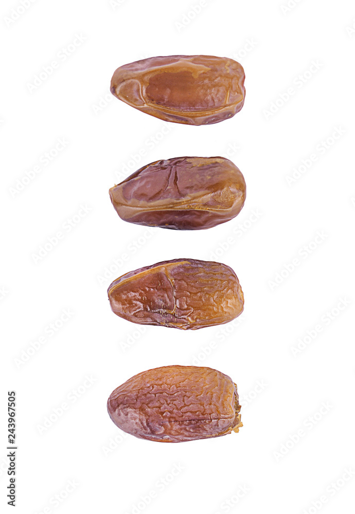 Dried dates isolated on white background, top view Dried dates isolated on white background, top view