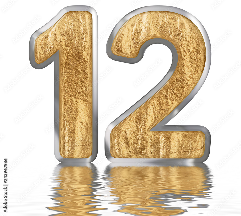 Numeral 12, twelve, reflected on the water surface, isolated on white, 3d render Numeral 12, twelve, reflected on the water surface, isolated on white, 3d render