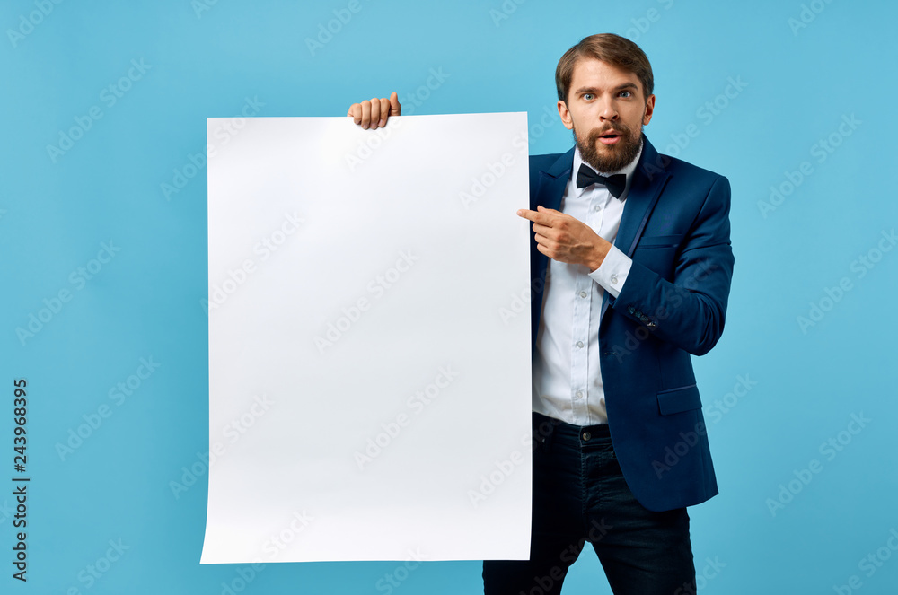 surprised man holding white background place free banner surprised man holding white background place free banner
