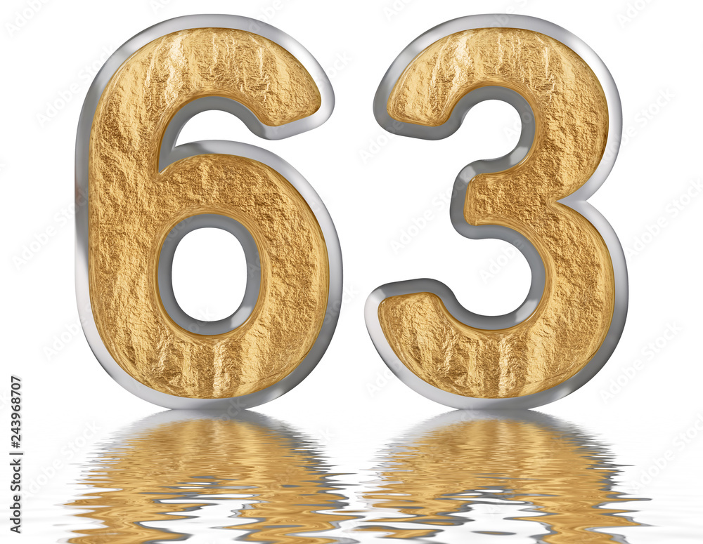 Numeral 63, sixty three, reflected on the water surface, isolated on white, 3d render Numeral 63, sixty three, reflected on the water surface, isolated on white, 3d render