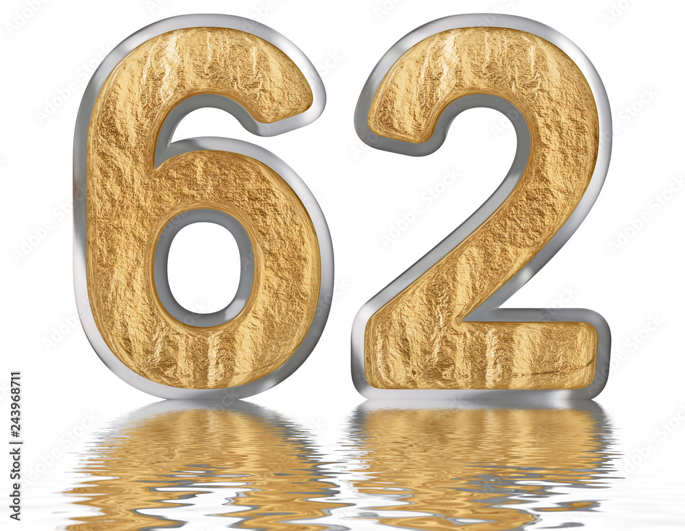 Numeral 62, sixty two, reflected on the water surface, isolated on white, 3d render
