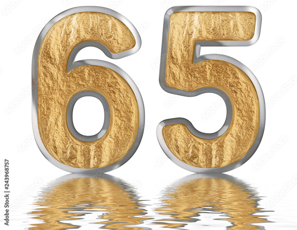 Numeral 65, sixty five, reflected on the water surface, isolated on white, 3d render