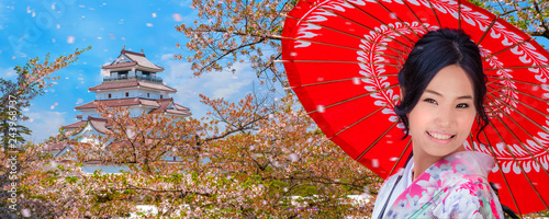 Japanese woman with Aizu-Wakamatsu Castle and cherry blossom photo