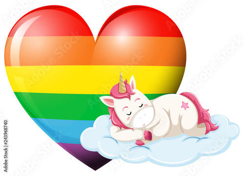 Unicorn character sleeping with rainbow heart