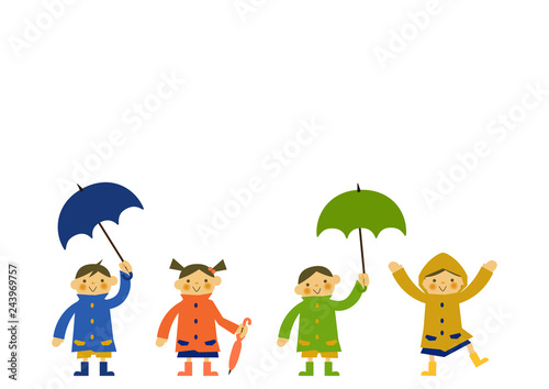 レインコートを着た子供。 雨のイメージイラスト。 梅雨の季節の為のイラストレーション。 子供と雨のイラストレーション。 季節のクリップアート。