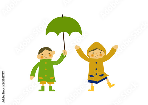 レインコートを着た子供。 雨のイメージイラスト。 梅雨の季節の為のイラストレーション。 子供と雨のイラストレーション。 季節のクリップアート。