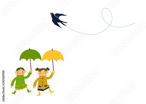 レインコートを着た子供。 雨のイメージイラスト。 梅雨の季節の為のイラストレーション。 子供と雨のイラストレーション。 季節のクリップアート。