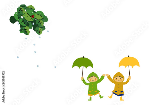 レインコートを着た子供。 雨のイメージイラスト。 梅雨の季節の為のイラストレーション。 子供と雨のイラストレーション。 季節のクリップアート。