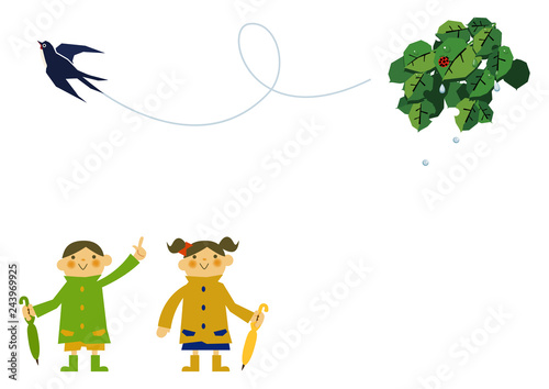 レインコートを着た子供。 雨のイメージイラスト。 梅雨の季節の為のイラストレーション。 子供と雨のイラストレーション。 季節のクリップアート。