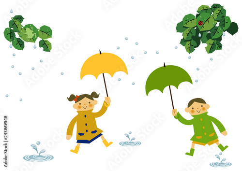 レインコートを着た子供。 雨のイメージイラスト。 梅雨の季節の為のイラストレーション。 子供と雨のイラストレーション。 季節のクリップアート。