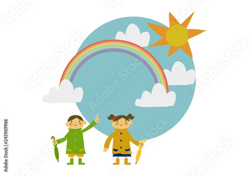 レインコートを着た子供。 雨のイメージイラスト。 梅雨の季節の為のイラストレーション。 子供と雨のイラストレーション。 季節のクリップアート。