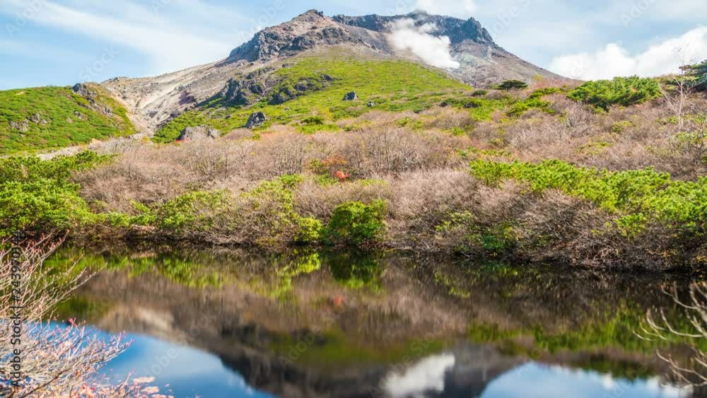 Timelapse of Reflective Pond over Smoking Volcano -Zoom In- Timelapse of Reflective Pond over Smoking Volcano -Zoom In-