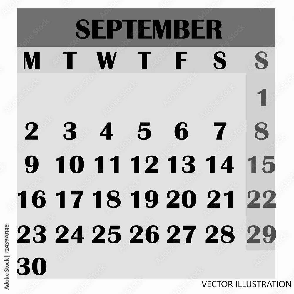 Obraz premium Calendar design month september 2019. Year 2019 calendar. Simple design for calendar 2019. Calendar for organization and business. Week Starts Monday. Vector illustration.