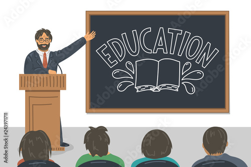 Education. Speaker talking at podium tribune. 