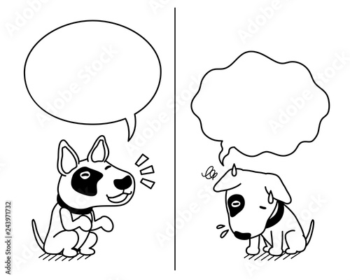 Cartoon character bull terrier dog expressing different emotions with speech bubbles for design.