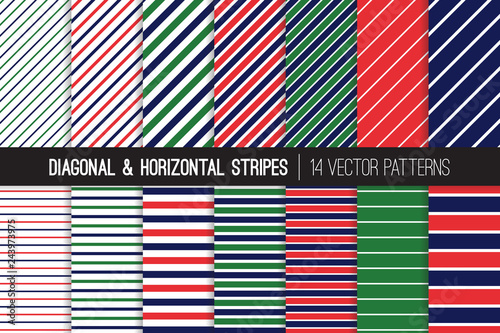 Navy Blue, Red and Green Diagonal and Horizontal Stripes Vector Patterns. Preppy Style Striped Backgrounds. Pin and Candy Stripes. Variable Thickness Lines. Pattern Tile Swatches Included.