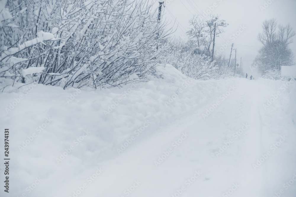 Winter snowfall in the village. Snowy collapse Winter snowfall in the village. Snowy collapse