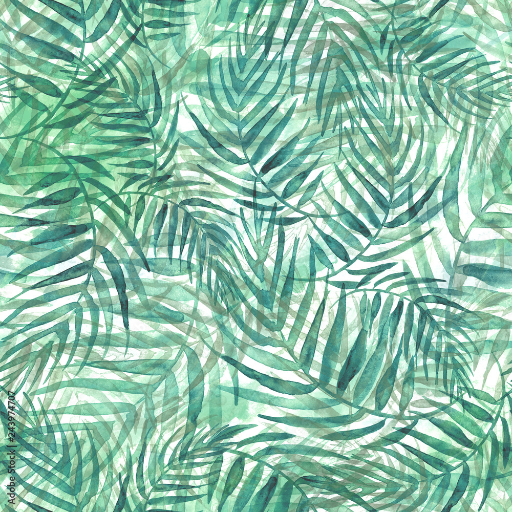     Seamless watercolor background from green tropical leaves, palm leaf, floral pattern. Bright Rapport for Paper, Textile, Wallpaper, design. Tropical leaves watercolor. Exotic tropical palm tree 