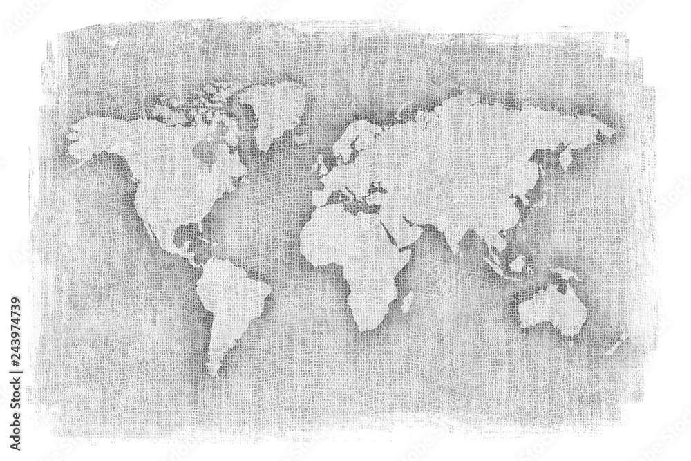 Textured illustration of map of the world with burlap linen background. Black and white illustrated map.