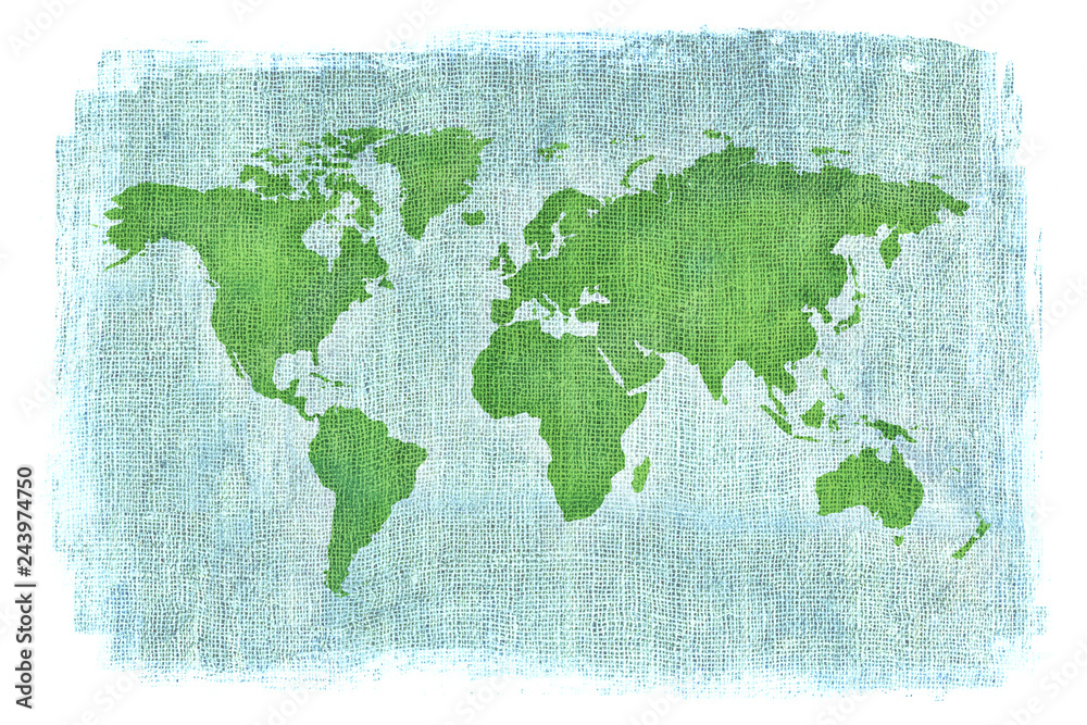 Textured illustration of map of the world with burlap linen background. White edges. Vintage style with stained edges.