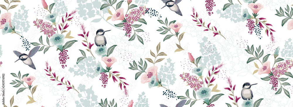  Vector illustration of a seamless floral pattern with cute birds in spring for Wedding, anniversary, birthday and party. Design for banner, poster, card, invitation and scrapbook 