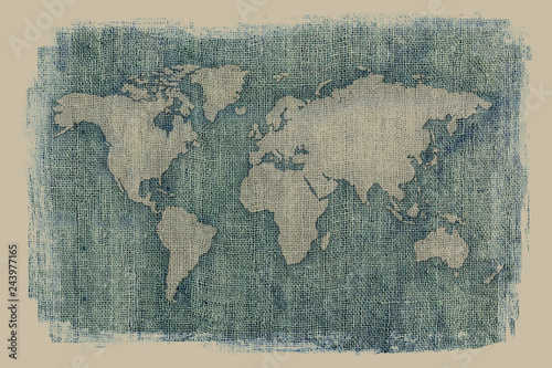 Dark old world map on vintage material linen background with faded edges
