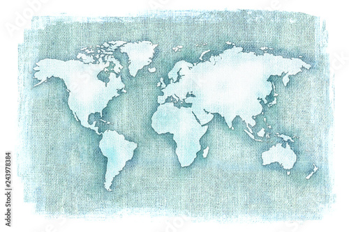 Textured illustration of map of the world with burlap linen background. White edges. Vintage style with stained edges.